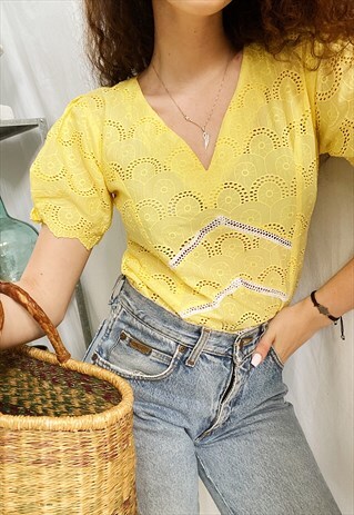 VINTAGE 90S LE CITRON COUNTRY LACE MILKMAID BLOUSE SHIRT
