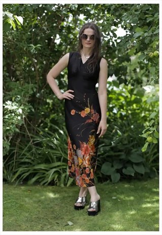 VINTAGE 90'S BLACK FLOWER PRINT SLEEVELESS DRESS