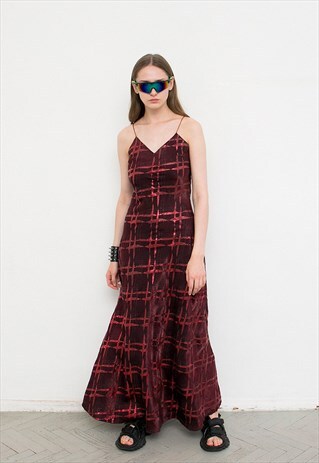 VINTAGE STRAP DRESS BURGUNDY RED SHINY EVENING MAXI 90S