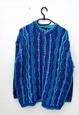 Vintage Coogi style blue knit jumper cardigan wool XL 