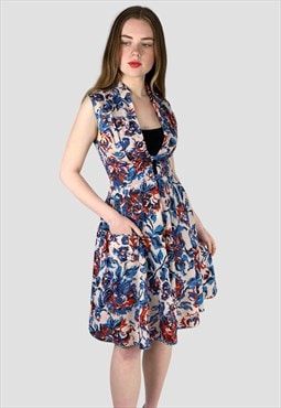 50's Floral Vintage Tunic Dress Blue Red Sleeveless Dress