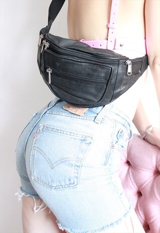 VINTAGE 90S Y2K DEADSTOCK BLACK LEATHER CROSS BODY BUM BAG
