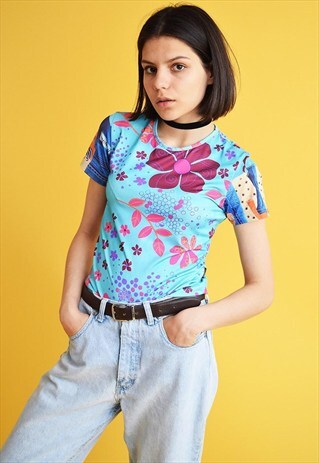 90'S RETRO HIPPIE ABSTRACT FLORAL LYCRA BLOUSE TOP