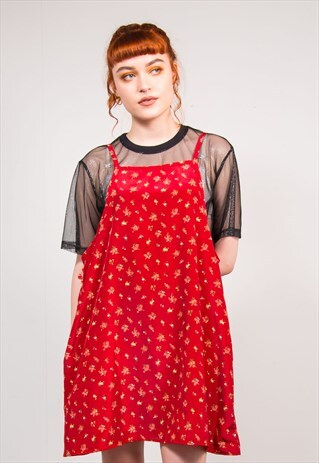 90'S VINTAGE RED FLORAL PATTERN SLIP DRESS
