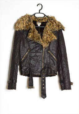 Y2K Brown Warm Faux Suede Grunge Faux Fur Belted Jacket
