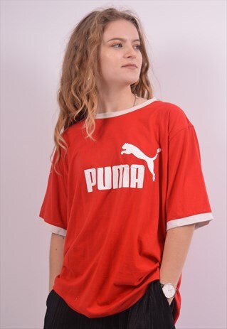 PUMA WOMENS VINTAGE T-SHIRT TOP LARGE RED 90S
