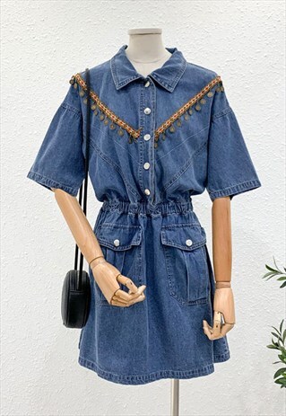 EMBROIDERED DENIM DRESS WITH COIN TRIM