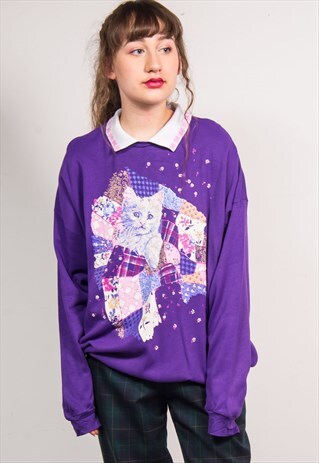90'S PURPLE CUTE CAT PRINT COLLAR OVERSIZED SWEATSHIRT