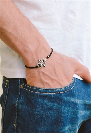 SHIP WHEEL BRACELET FOR MEN, SILVER HELM AND BLACK CORD