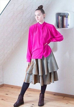 Bright pink long sleeve high neck silky vintage shirt
