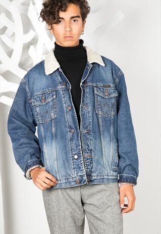 VINTAGE 80'S WRANGLER SHEEPSKIN DENIM JACKET / S0315