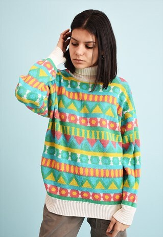 80'S RETRO GEOMETRICAL PATTERN TURTLENECK KNIT JUMPER