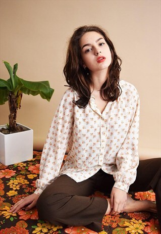 70'S RETRO FLORAL PATTERN SILK OVERSIZED SHIRT BLOUSE TOP