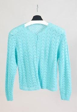 Vintage 90s hand knit cardigan in turquoise 