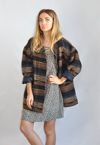 VINTAGE OVERSIZE NAVY & BROWN NAVAJO WOOL COCOON JACKET