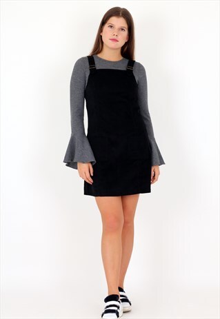 BLACK CORDUROY PINAFORE SIDE POCKETS DRESS