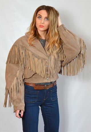 VINTAGE 90S BROWN FRINGE SUEDE CROP JACKET