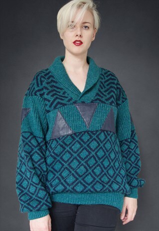 VINTAGE 80S GEOMETRIC TEAL JUMPER