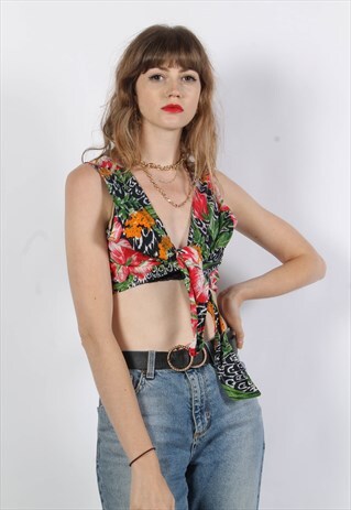 VINTAGE WRAP TIE UP CROP TOP PATTERED MULTI
