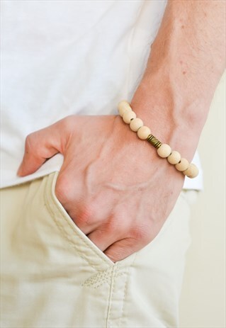 TUBE BRACELET, WOOD BEADS MEN'S BRACELET WITH BRONZE BEAD