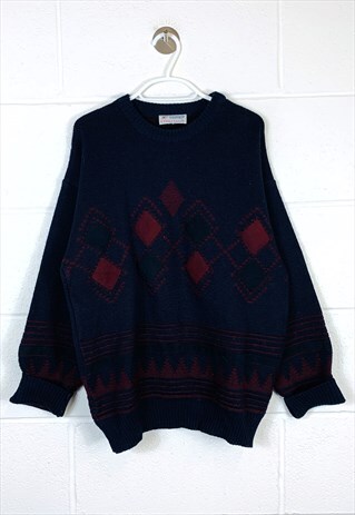 VINTAGE PATTERNED KNITTED JUMPER BLUE RED ARGYLE PATTERN