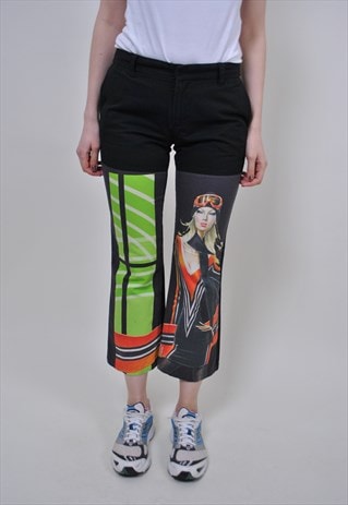 90S GIRL PRINT RACING PANTS, VINTAGE ACID CROPPED WOMEN PANT