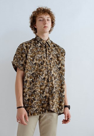VINTAGE OVERSIZED ABSTRACT PRINTED FESTIVAL SHIRT BROWN XL