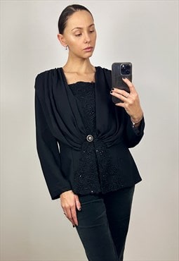 Embellished Long Sleeve Blouse, Black Embroidered Top
