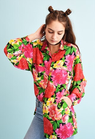 90'S RETRO FLORAL PRINT LOOSE-FITTED MOMS SHIRT TOP
