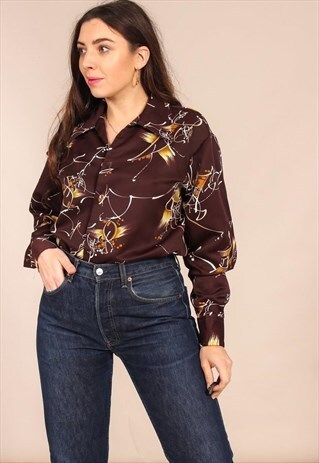 VINTAGE 70S BLOUSE IN BROWN ABSTRACT PRINT