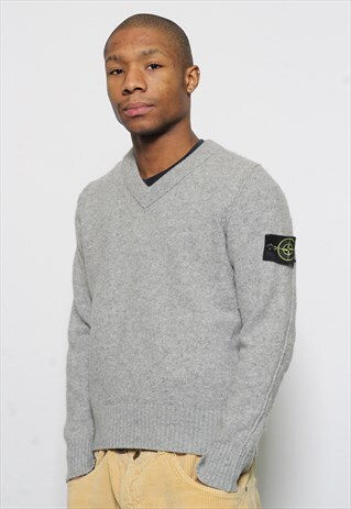 VINTAGE STONE ISLAND V NECK WOOL JUMPER GREY