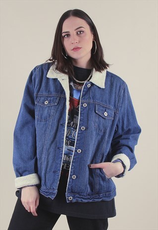 VINTAGE OVERSIZED BLUE DENIM SHERPA LINED JACKET /A6008