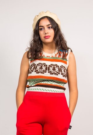 VINTAGE 70'S CRAZY KNIT PATTERN VEST TOP