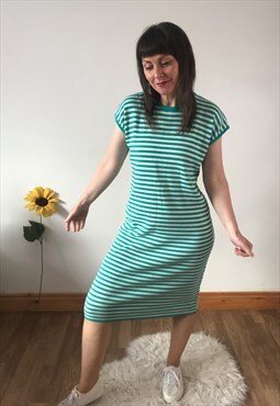 Vintage 80s Green & White Striped Midi Dress