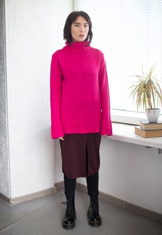 VINTAGE 90'S KNITTED HOT PINK HIGH COLLAR JUMPER