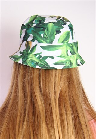 WHITE AND GREEN LEAVES PRINT BUCKET HAT