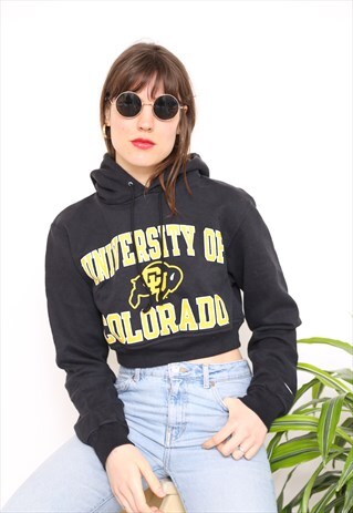VINTAGE 90S BLACK USA SPORTS CROPPED HOODIE