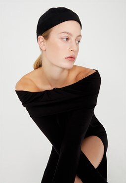 Black off-shoulder dress with slit