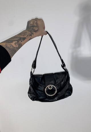 VINTAGE 90'S FAUX BLACK LEATHER RHINESTONE SHOULDER BAG