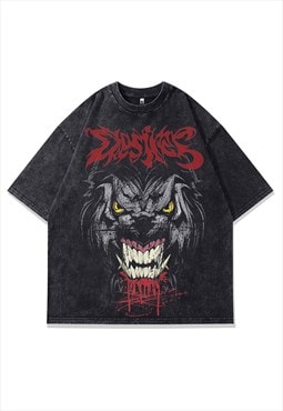Metalcore t-shirt wolf print tee punk animal top acid grey