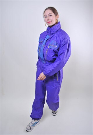 80S PURPLE VINTAGE WOMAN SKI SUIT, RETRO ONE PIECE SNOW SUIT