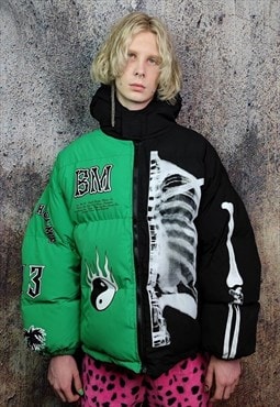 Skeleton puffer split colour bomber jacket grunge varsity