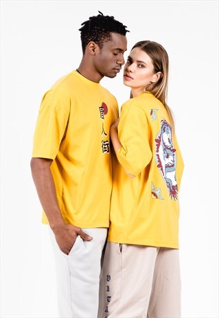 UNISEX CROPPED T-SHIRT IN YELLOW WITH DRAGON PRINT