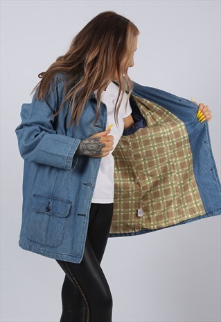 VINTAGE Y2K DENIM JACKET OVERSIZED CHECKED UK 16 (HF6B)