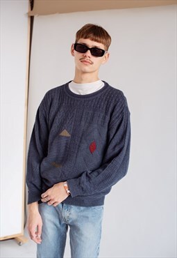 Vintage Minimal Round Neck Men Sweater in Blue Knit XS/S