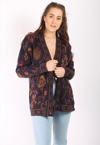 VINTAGE 80S LONG WOOL CARDIGAN WITH FLORAL PATTERN