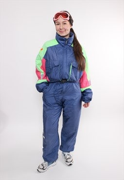 80s one piece ski suit, vintage blue snowsuit, retro 