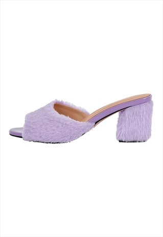 Round Toe Chunky Heel Fur Sandals Mules