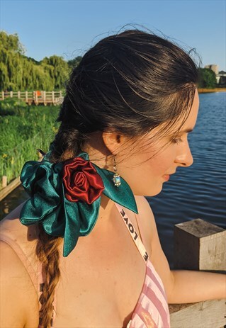 RED ROSE BUD SATIN SCRUNCHIE