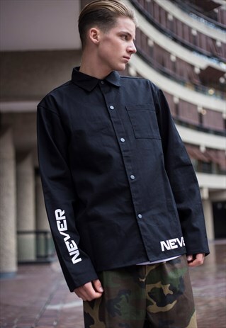 DEMOS BLACK NEVER GIVE IN COTTON TWILL SHIRT